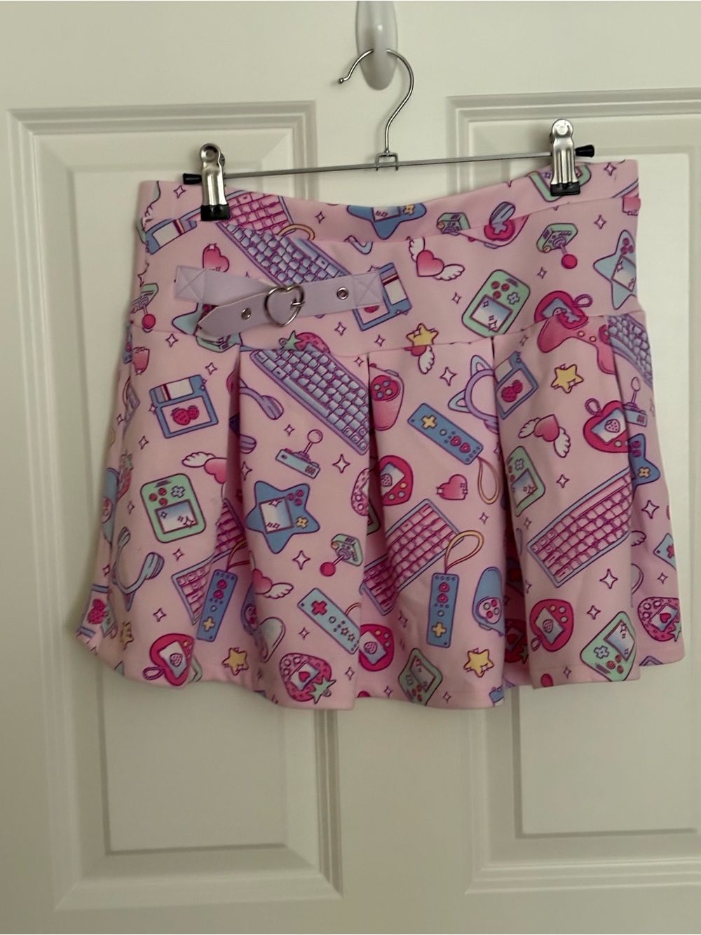 Pastel Pink Gamer-Print Skater Skirt with Heart Belt